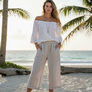 FLAX 100% Linen Cropped Floods Pants Small Tan Natural Elastic Waist Pocket EUC